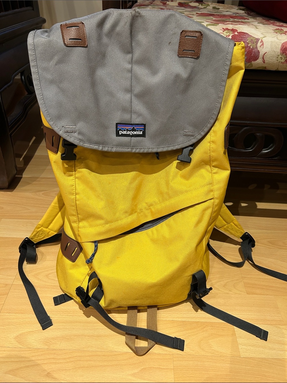 Patagonia Yellow and Gray Roll-Top Backpack with Brown Accents